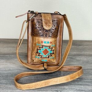Shyanne Brown Leather Crossbody Bag with Turquoise Embroidery